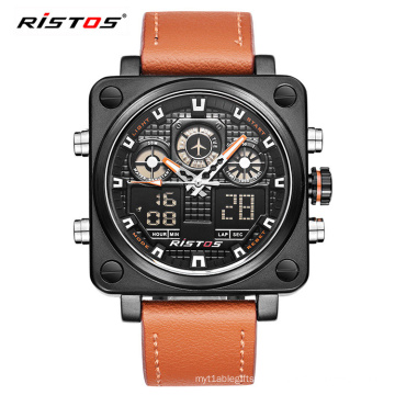 RISTOS 9343 Chronograph Men Multifunction Sport Leather dual display Watches Analog Fashion Wrist Watch New